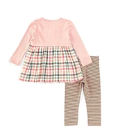 Bonnie Jean Little Girls 2T-6X Solid Metallic Rib-Knit Bodice/Buffalo-Checked Flannel-Skirted Dress & Striped Knit Leggings Set