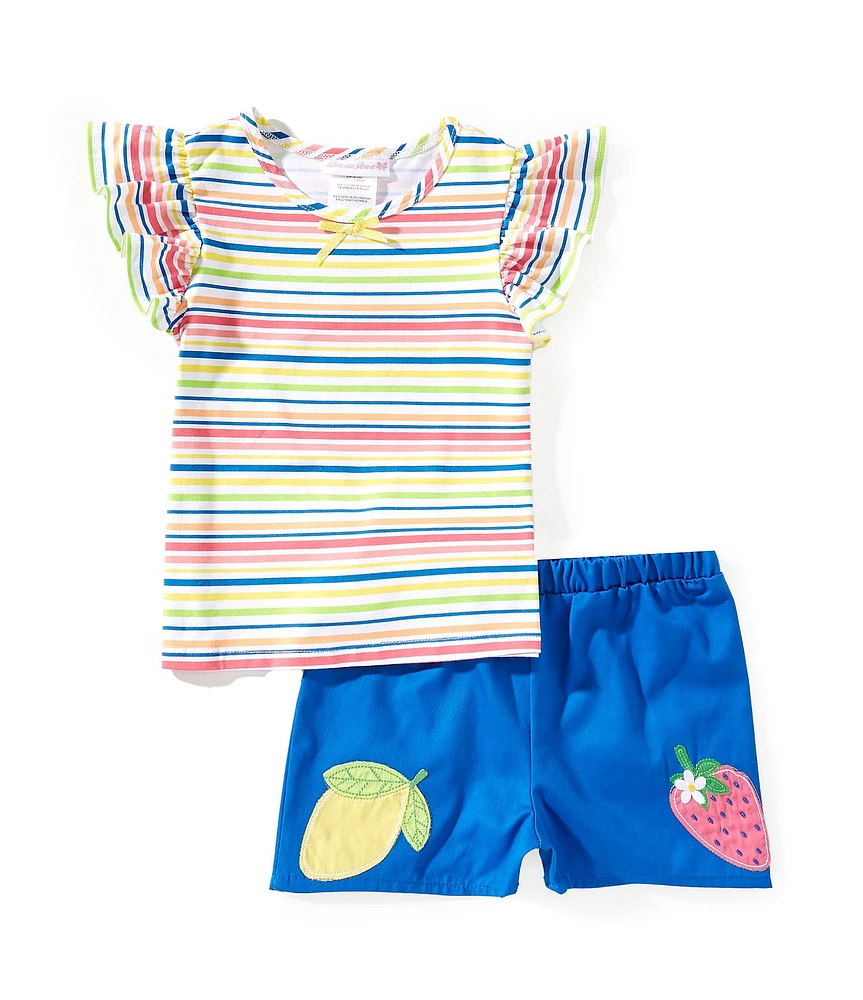Bonnie Jean Little Girls 2T-6X Striped Flutter Sleeve Top & Lemon Strawberry Applique Shorts Set