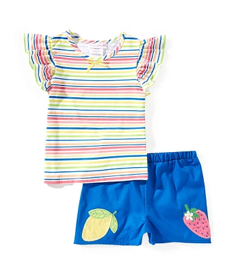 Bonnie Jean Little Girls 2T-6X Striped Flutter Sleeve Top & Lemon Strawberry Applique Shorts Set
