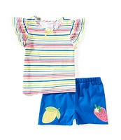Bonnie Jean Little Girls 2T-6X Striped Flutter Sleeve Top & Lemon Strawberry Applique Shorts Set