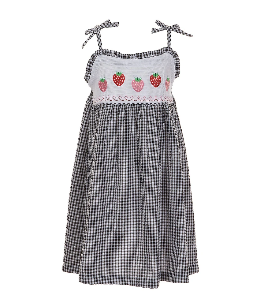 Bonnie Jean Little Girls 2T-6X Tie Shoulder Smocked Strawberry Embroidery Gingham Seersucker Sundress