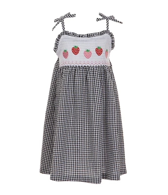 Bonnie Jean Little Girls 2T-6X Tie Shoulder Smocked Strawberry Embroidery Gingham Seersucker Sundress