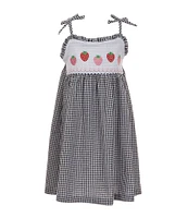 Bonnie Jean Little Girls 2T-6X Tie Shoulder Smocked Strawberry Embroidery Gingham Seersucker Sundress