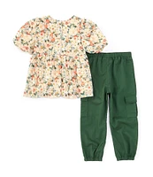 Bonnie Jean Little Girls 4-6X Balloon-Sleeve Floral-Embroidered Chiffon Tunic Top & Solid Knit Cargo Pant Set