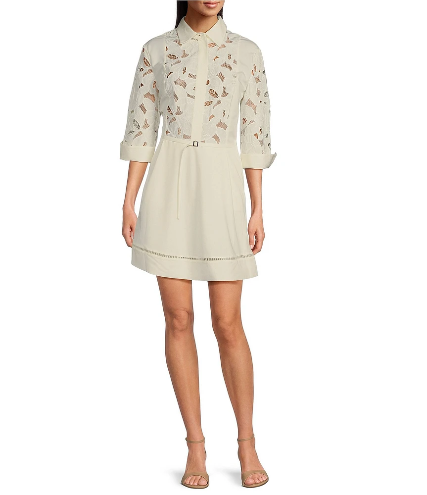 BOSS By Hugo Boss Broderie Anglaise Point Collar Elbow Sleeve Shirt Dress