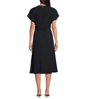 BOSS by Hugo Boss Debasa 2 V-Neck Short Sleeve Ruched Waist A-Line Midi Dress