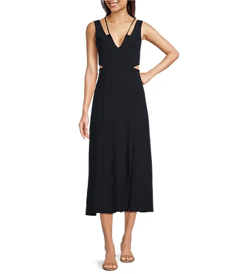 BOSS by Hugo Boss Dibea Woven V-Neck Sleeveless Waist Cutout Midi A-Line Dress