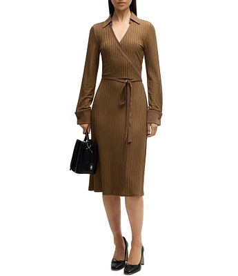 BOSS by Hugo Boss Ellarie Ribbed Knit Jersey Collared V-Neck Long Sleeve Faux-Wrap Dress