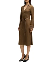 BOSS by Hugo Boss Ellarie Ribbed Knit Jersey Collared V-Neck Long Sleeve Faux-Wrap Dress