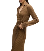 BOSS by Hugo Boss Ellarie Ribbed Knit Jersey Collared V-Neck Long Sleeve Faux-Wrap Dress