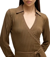 BOSS by Hugo Boss Ellarie Ribbed Knit Jersey Collared V-Neck Long Sleeve Faux-Wrap Dress