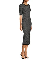 BOSS by Hugo Boss Etanah Monochrome Honeycomb Knit Round Neck 3/4 Sleeve Dress