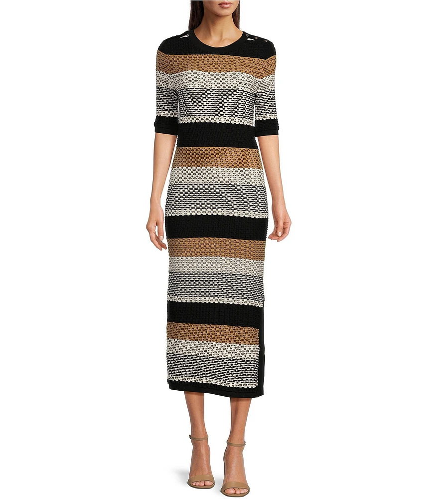 BOSS by Hugo Boss Etanah Textured Knit Stripe Print Short Sleeve Side Slit Midi Sheath Dress