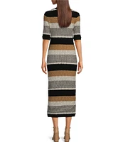 BOSS by Hugo Boss Etanah Textured Knit Stripe Print Short Sleeve Side Slit Midi Sheath Dress