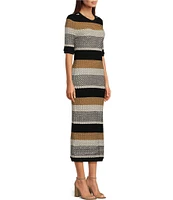 BOSS by Hugo Boss Etanah Textured Knit Stripe Print Short Sleeve Side Slit Midi Sheath Dress