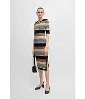 BOSS by Hugo Boss Etanah Textured Knit Stripe Print Short Sleeve Side Slit Midi Sheath Dress