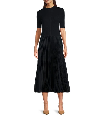 BOSS by HUGO BOSS Fadrid Mixed Media Knit And Woven Round Neck Short Sleeve Pleated Midi Dress