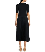 BOSS by HUGO BOSS Fadrid Mixed Media Knit And Woven Round Neck Short Sleeve Pleated Midi Dress