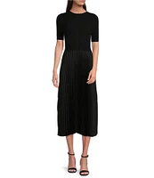 BOSS by HUGO BOSS Fadrid Mixed Media Knit And Woven Round Neck Short Sleeve Pleated Midi Dress