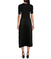 BOSS by HUGO BOSS Fadrid Mixed Media Knit And Woven Round Neck Short Sleeve Pleated Midi Dress