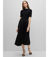 BOSS by HUGO BOSS Fadrid Mixed Media Knit And Woven Round Neck Short Sleeve Pleated Midi Dress