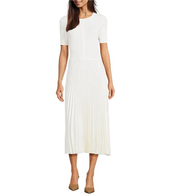 BOSS By Hugo Boss Fadridi Knit Crew Neck Short Sleeve Fit And Flare Pleated Skirt Midi Dress