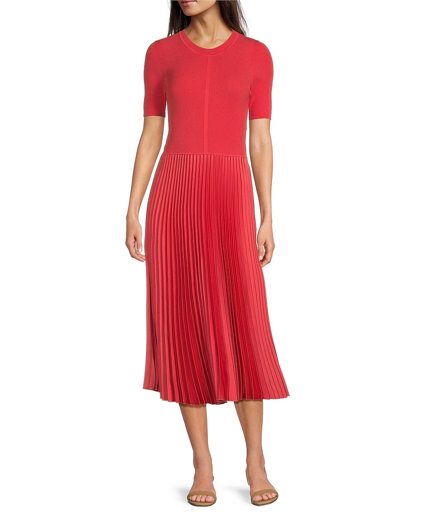 BOSS by Hugo Boss Fadridi Knit Crew Neck Short Sleeve Pleated Midi Dress