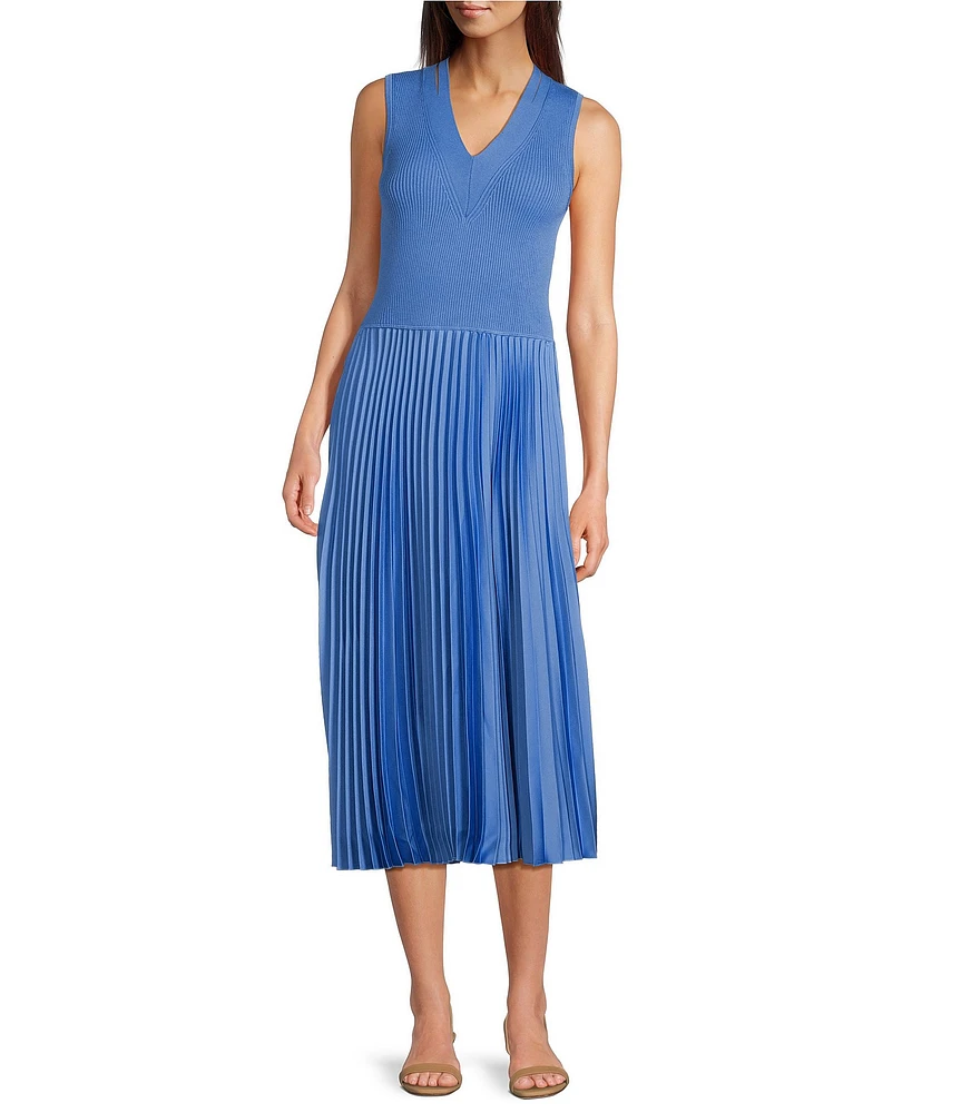 BOSS By Hugo Boss Farara Knit Woven V-Neck Cutout Neckline Sleeveless Dress