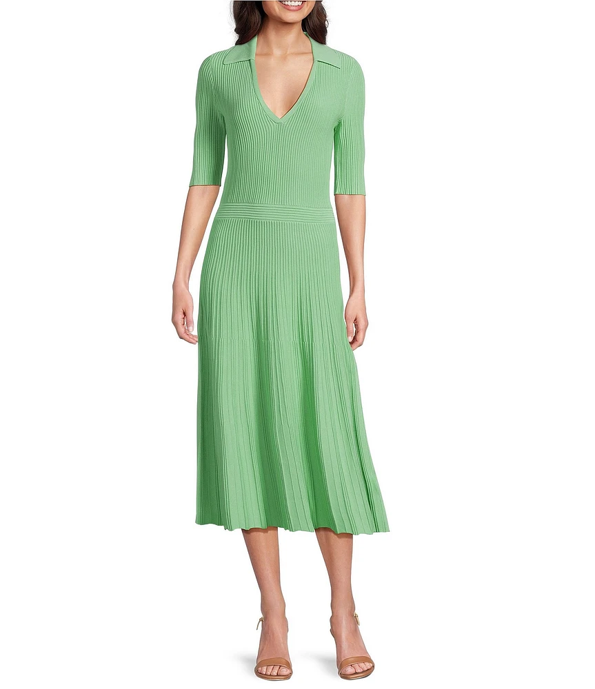 BOSS by Hugo Boss Fracie Rib Knit Collar V-Neck Short Sleeve Fit-And-Flare Midi Dress
