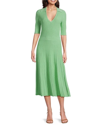 BOSS by Hugo Boss Fracie Rib Knit Collar V-Neck Short Sleeve Fit-And-Flare Midi Dress
