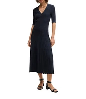 BOSS By Hugo Boss Fracie Ribbed Knit V-Neck Elbow Sleeve Fit-And-Flare Midi Dress