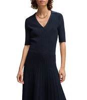 BOSS By Hugo Boss Fracie Ribbed Knit V-Neck Elbow Sleeve Fit-And-Flare Midi Dress
