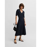 BOSS By Hugo Boss Fracie Ribbed Knit V-Neck Elbow Sleeve Fit-And-Flare Midi Dress