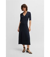 BOSS By Hugo Boss Fracie Ribbed Knit V-Neck Elbow Sleeve Fit-And-Flare Midi Dress