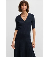 BOSS By Hugo Boss Fracie Ribbed Knit V-Neck Elbow Sleeve Fit-And-Flare Midi Dress