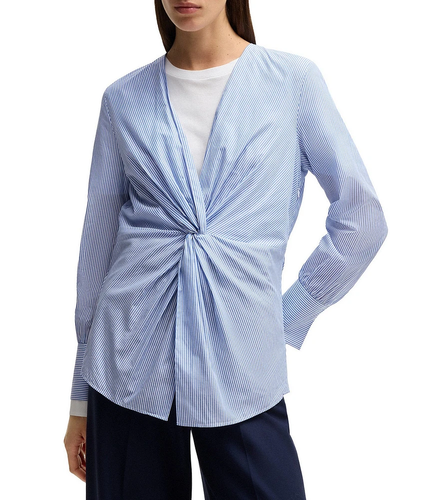 BOSS By Hugo Boss Woven Stripe Print V-Neck Twist Front Long Sleeve Shirt