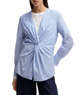 BOSS By Hugo Boss Woven Stripe Print V-Neck Twist Front Long Sleeve Shirt