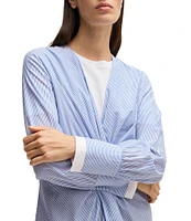 BOSS By Hugo Boss Woven Stripe Print V-Neck Twist Front Long Sleeve Shirt