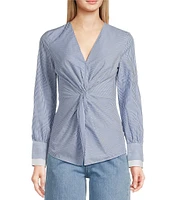 BOSS By Hugo Boss Woven Stripe Print V-Neck Twist Front Long Sleeve Shirt