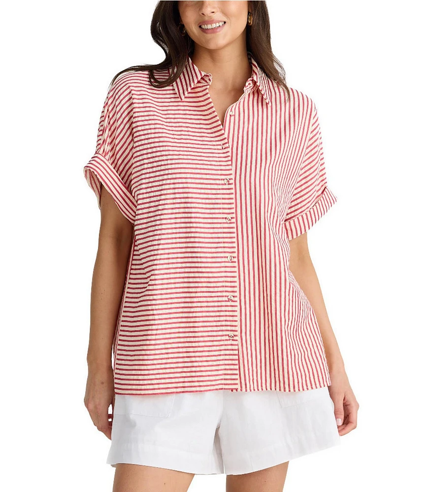Brave + True Alice Striped Seersucker Short Sleeve Collared Button Front Striped Woven Coordinating Shirt