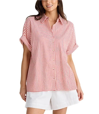 Brave + True Alice Striped Seersucker Short Sleeve Collared Button Front Striped Woven Coordinating Shirt