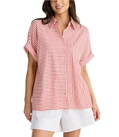 Brave + True Alice Striped Seersucker Short Sleeve Collared Button Front Striped Woven Coordinating Shirt
