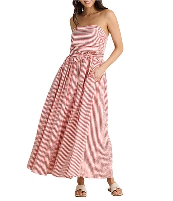 Brave + True Avalon Gathered Shirred Strapless Sleeveless Striped Seersucker Belted Maxi Dress