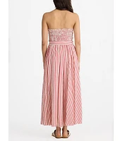 Brave + True Avalon Gathered Shirred Strapless Sleeveless Striped Seersucker Belted Maxi Dress