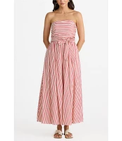 Brave + True Avalon Gathered Shirred Strapless Sleeveless Striped Seersucker Belted Maxi Dress