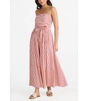 Brave + True Avalon Gathered Shirred Strapless Sleeveless Striped Seersucker Belted Maxi Dress