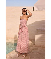 Brave + True Avalon Gathered Shirred Strapless Sleeveless Striped Seersucker Belted Maxi Dress