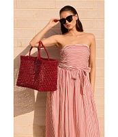 Brave + True Avalon Gathered Shirred Strapless Sleeveless Striped Seersucker Belted Maxi Dress