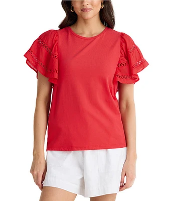 Brave + True Chloe Short Flare Lace Insert Sleeve Crew Neckline Knit Tee