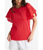 Brave + True Chloe Short Flare Lace Insert Sleeve Crew Neckline Knit Tee